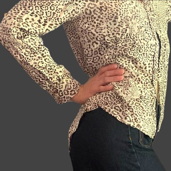 Leopard Top Small Long Sleeved Button Down Blouse - Picture 4 of 15